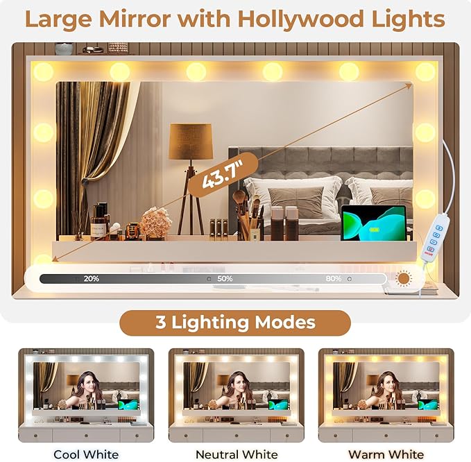 Hasuit Makeup Vanity Desk with Large Lighted Mirror and 9 Drawers, Large Vanity Desk with Storage Rack, Hook, Crystal Handle, White Bedroom Dressing Table Set with Charging Station, Lights Adjustable