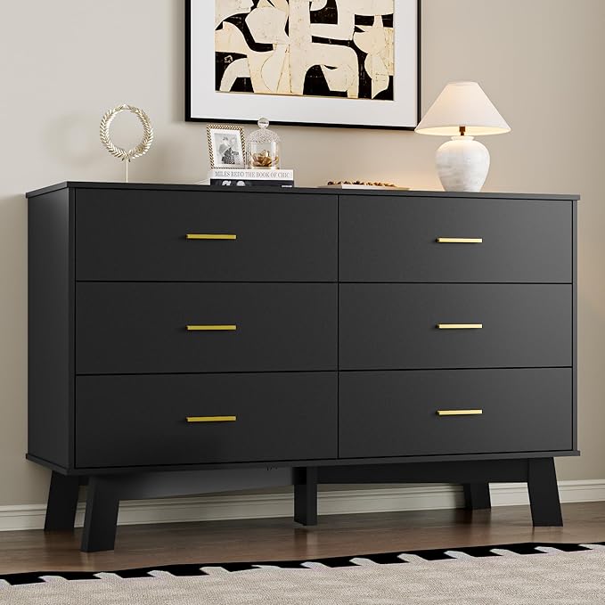 Dresser for Bedroom with 6-Drawer, 47.2" Modern Chest of Drawers with Metal Handles, X-Shape Base & Adjustable Center Leg, Anti-Tip Closet Organizers and Storage