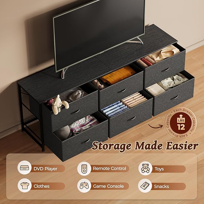Huuger 63 Inch Long Dresser for Bedroom, Wide TV Stand for 55, 65, 70 Inch TV, 6 Drawer Dresser for Closet with Fabric Drawers, Storage Organizer for Bedroom, Entryway, Black