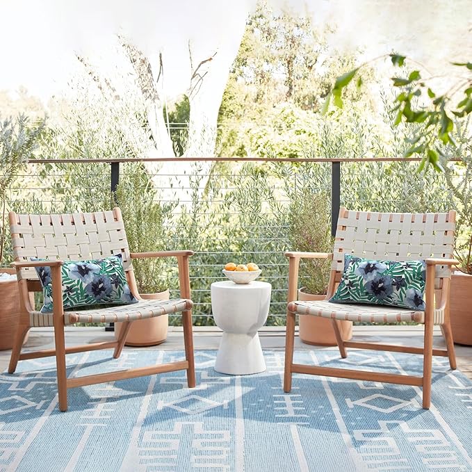 LVTXIII Set of 2 Outdoor Lumbar Pillows for Patio Furniture with White Piping, 12"x20" Fade Resistant Patio Lumbar Pillows with Inserts for Home Coach Sofa Use, Blue Salmone Tropical