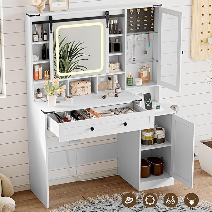 Farmhouse Makeup Vanity Desk with Mirror and Lights, White Vanity Desk with Lighted Mirror & Power Outlet, RGB Glass Cabinet, Makeup Dressing Table with 3 Lighting Modes for Bedroom