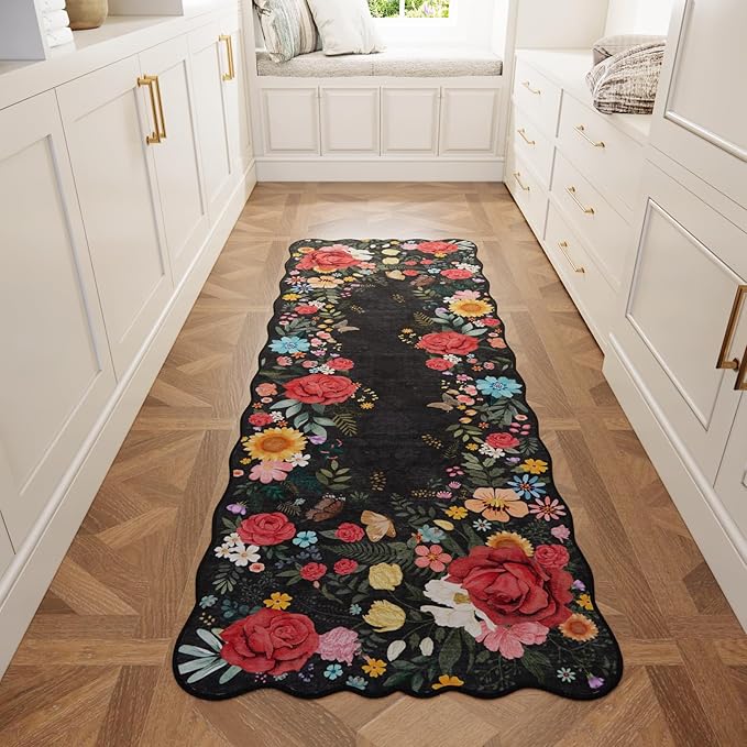 Kitchen Runner 2'x 6' Washable Floral Runner Rugs Kitchen Rug Boho Vintage Low Pile Carpet for Hallway, Entryway, Laundry Room, Bathroom High Traffic Areas Indoor Decor (Black