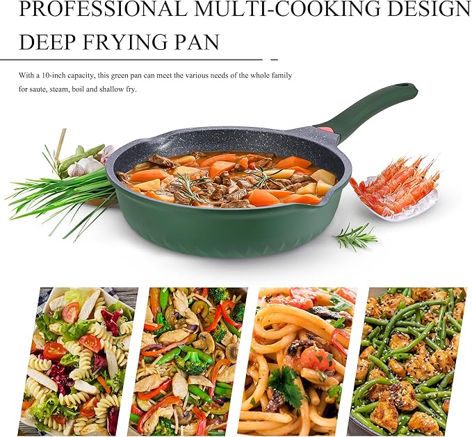 Vinchef Green Skillet Nonstick with Lids, 11In/5Qt Aluminum Deep Frying Pan with Lid and Heat Indicator, Anti Scratch and Anti Stain Deep Skillet Nonstick, Induction Compatible