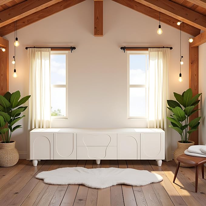 79 inch TV Stand for 75 inch TV, Modern White TV Stand with Storage, Entertainment Center with Cord Management for Living Room Bedroom