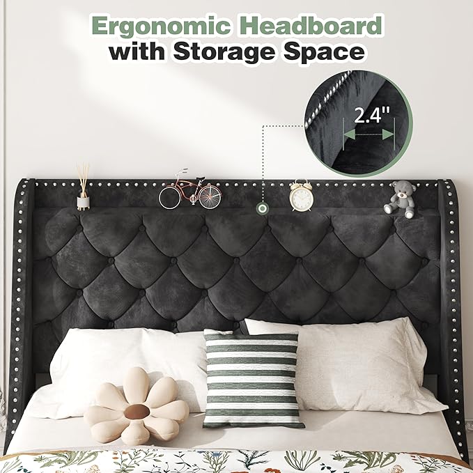 SUNLEI Bed Frame with Wingback Storage Headboard, Queen Size Bed Frame with Tufted and Velvet Fabric, Wood Slats Support, No Box Spring Needed, Easy Assembly, Queen Black