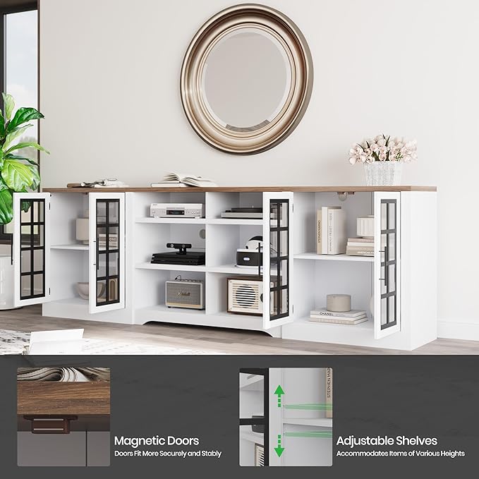 94.5 inch TV Stand for TVs up to 100", Entertainment Center Console Table with Closed Storage Cabinet and 3-Tier Open Shelves, Farmhouse TV Console for Living Room, White