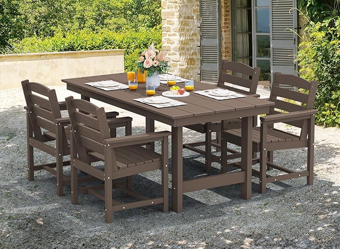 SERWALL Outdoor Dining Sets for 4, Outdoor HDPE Dining Furniture Set with Umbrella Hole Cut-Out Table and 4 Chairs, All Weather Dining Set, Coffee