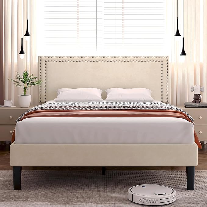 VECELO Full Size Bed Frame with Adjustable Upholstered Headboard, Wooden Slats Platform, Noise-Free Design, Easy Assembly