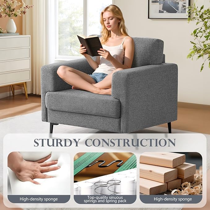 CDCASA Accent Chair, Linen Fabric Oversized Mid Century Modern Chair Set of 1, Comfy Upholstered Armchair Reading Accent Chairs Sofa Chairs for Bedroom Living Room, Dark Grey