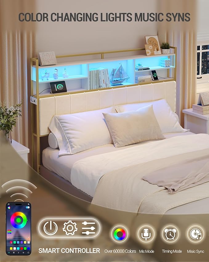 Headboard with 3-Tier Storage Shelves, Velvet Upholstered Head Board with 2 Outlets, USB Ports & LED Light, Soft Backrest for King Size Bed, White and Gold BH19403A