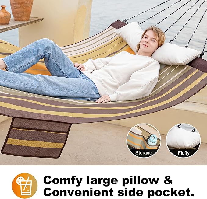 14ft Two Person Outdoor Hammock, Portable Camping with Folding Steel Spreader Bar, Carrying Bag, Carabiners, Tree Straps, Pillow & Sidebag, Quick Dry Textilene, 550 lbs Capacity (Coffee)
