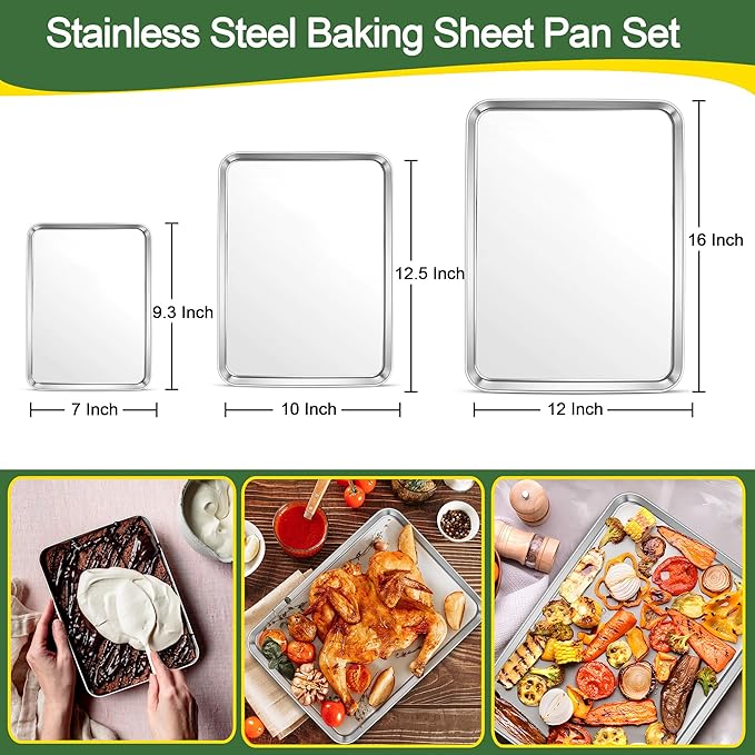 E-far Baking Pans Set of 3, 16/12.5/9.3 Inch Stainless Steel Cookie Sheet Pan for Oven, Bakeware for Brownie Lasagna Casserole Cake, Non Toxic & Easy Clean