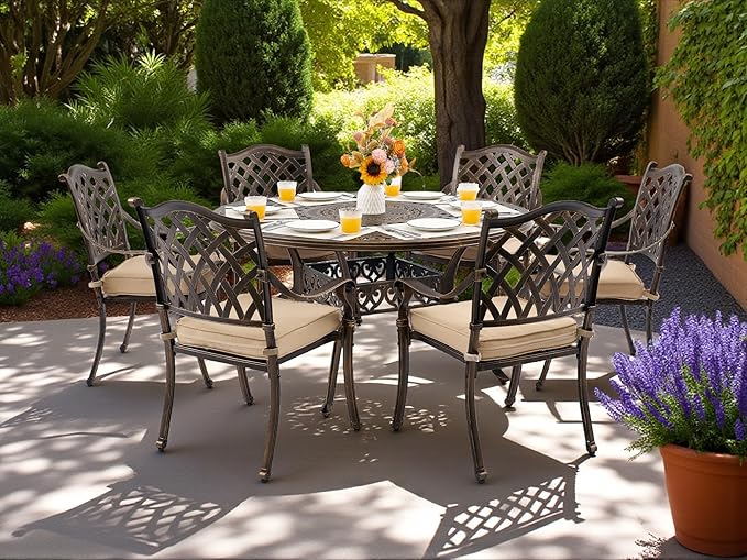 7 Piece Outdoor Dining Set Cast Aluminum, Retro Patio Dining Furniture Set for 6 Includes 54’’ Round Table 6 Chairs with Thicker Cushion and Umbrella Hole for Patio Deck Garden