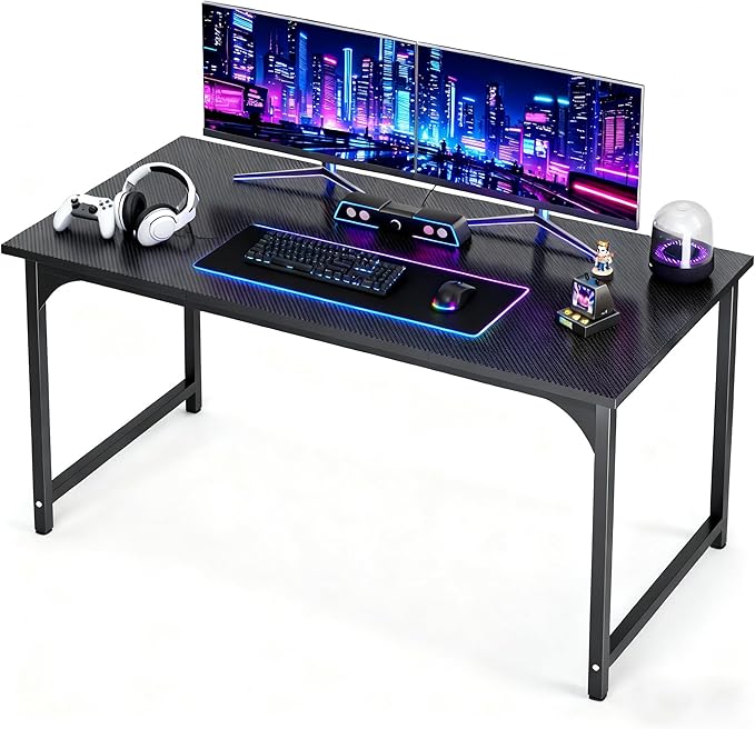 55inch Computer Desk with Deeper Carbon Fiber Desktop, Gaming Office Desk with Sturdy Metal Frame,Home Office Desk for Gaming, Working, Studying, Black