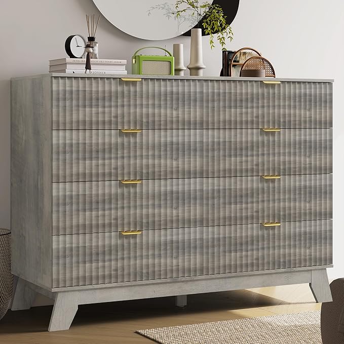 Fluted Dresser for Bedroom, 8 Drawer Dressers & Chest of Drawers, Mid Century Modern Dresser for Closet Boho Bedroom Furniture, Nature Wood Chest of Drawers Storage Organizer for Living Room,Grey