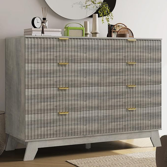Fluted Dresser for Bedroom, 8 Drawer Dressers & Chest of Drawers, Mid Century Modern Dresser for Closet Boho Bedroom Furniture, Nature Wood Chest of Drawers Storage Organizer for Living Room,Grey
