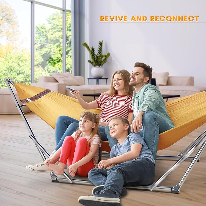 Tranquillo Double Hammock with Stand 650lb Capacity Double Hammock with Spreader Bar, Solid Grade 201 Stainless Steel 30s Set Up, Sturdy Flexible Hammock Stand Portable, Outdoor Indoor, Yellow