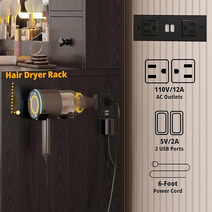 IRONCK Vanity Desk with LED Lights Mirror and Charging Station, Makeup Vanity Table with Jewelry Armoire, Storage Bench, and 11 Drawers,Black