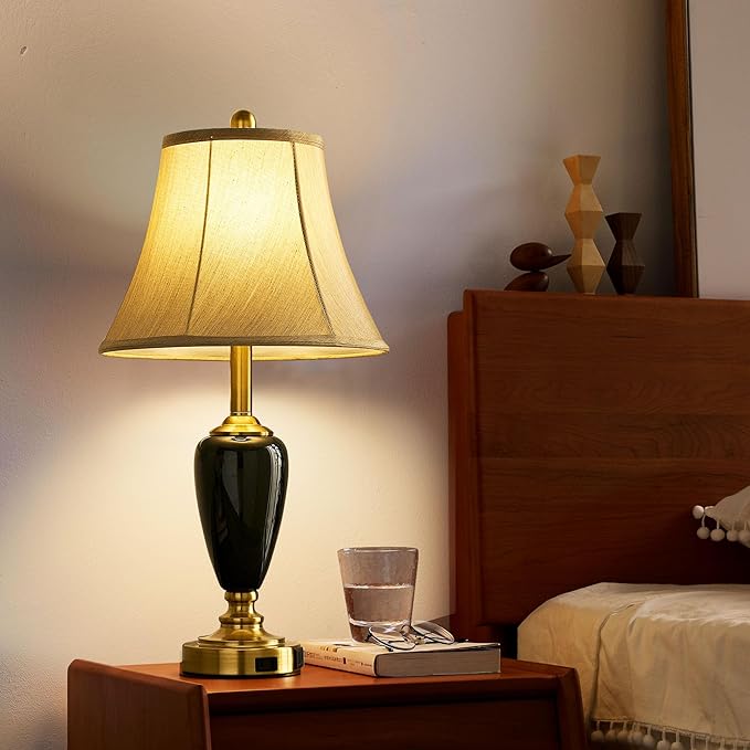 24" Ceramic Table Lamp with 3 Way Dimmable Touch Lamps - 2 USB Ports & AC Outlet Bedside Lamps, Modern Nightstand Lamp for Bedroom Living Room Office (Bulb Included)