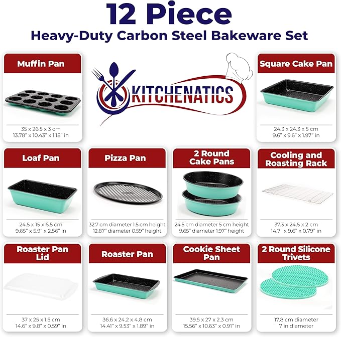 KITCHENATICS 12-Pc Carbon Steel Baking Pans Set Nonstick, Kitchen Essentials for New Home, Nonstick Bakeware Sets w/Cake Pans, Muffin Top Pans Non Stick, Oven Pan - Stackable Bakeware Set, Turquoise
