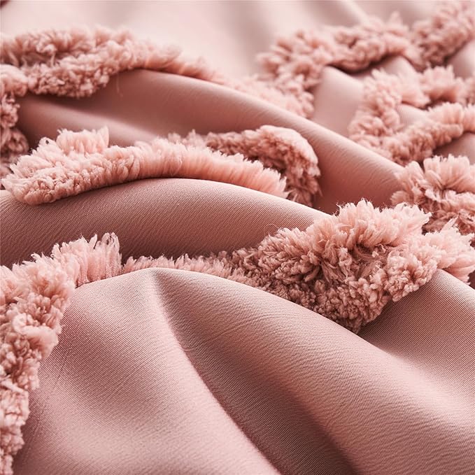 Blush Pink Tufted Comforter Set Queen Size 7 Piece Bed in a Bag, Shabby Chic Boho Comforter and Sheet Set, Pom Pom Textured Bed Set, All Season Soft Microfiber Complete Bedding Set(Pink,Queen)