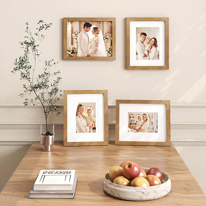 Egofine 8x10 Picture Frame Made of Solid Wood with Plexiglass, Display Pictures 4x6/5x7 with Mat or 8x10 without Mat, for Table Top and Wall Mounting Photo Frame, Light Brown