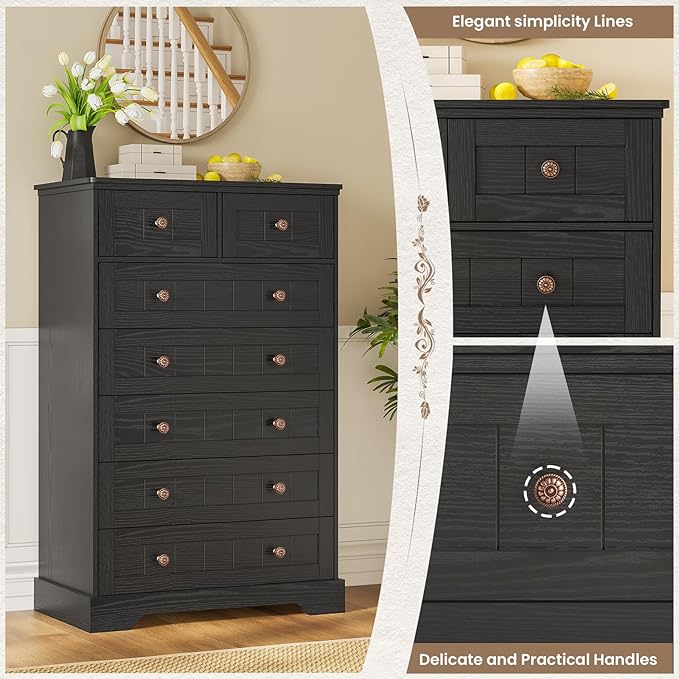 Hasuit Black Dresser for Bedroom, Farmhouse 7 Drawers Dresser, 51.4"Tall Dressers Chest of Drawers with Hand Carved Panel, Large Wood Closet Storage Organizers Dressers for Bedroom Living Room Hallway