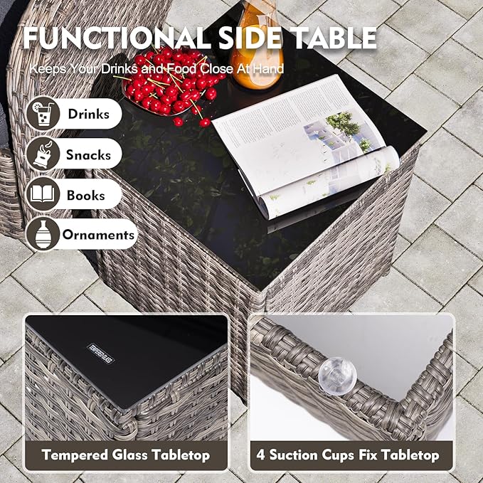 3 Pieces Patio Furniture Set, Outdoor Swivel Rocker with Washable Cushions & Tempered Glass Tabletop, Outdoor Rattan Conversation Set for Lawn Backyard Porch (Grey)