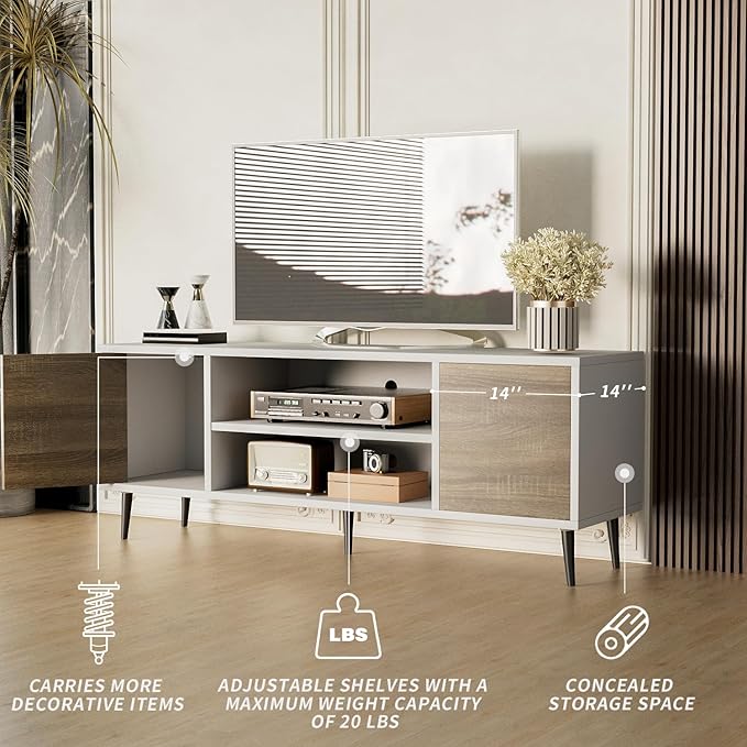 JUMMICO TV Stand for 65 Inch TV, Mid Century Modern TV Stand, Entertainment Center with Storage Cabinet and Open Shelves, TV Console Table Media Cabinet for Living Room, Bedroom and Office (Oak)