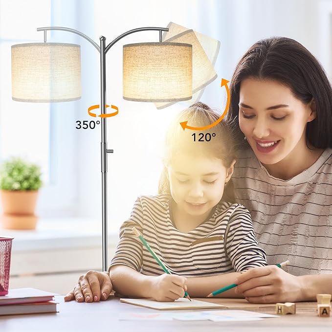 ROTTOGOON Dimmable Floor Lamp, Arc Floor Lamps for Living Room, Stepless Dimming Modern Standing Lamp with Linen Shade, Tall Lamp for Bedroom Office Dining Room- Silver