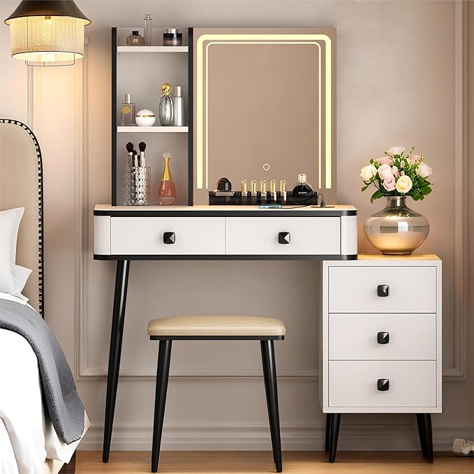 soges Vanity Desk Set, Combined Makeup Vanity LED Mirror and Lights, Cushioned Stool, Dressing Table with Storage Cabinet, Storage Drawers & Shelves, Wireless Power Outlests, White