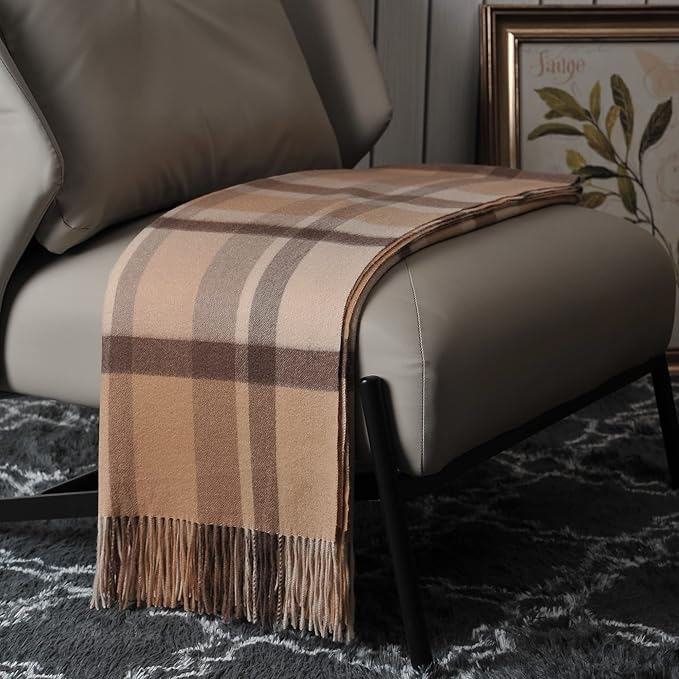 EP Mode 100% Pure Cashmere Throw Blanket for Sofa, Classic Design with Gift Box (Camel Tartan)