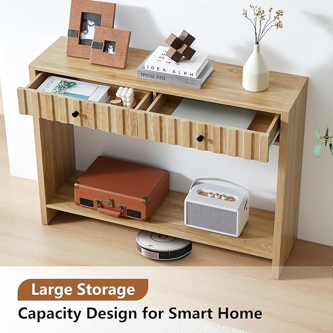 Console Table with Drawers, Narrow Mid-Century Fluted Entryway Table Sofa Table with Storage Shelf, Wood Entry Table Accent Behind Couch Ta ble for Entrance, Hallway, Living Room (Natural)