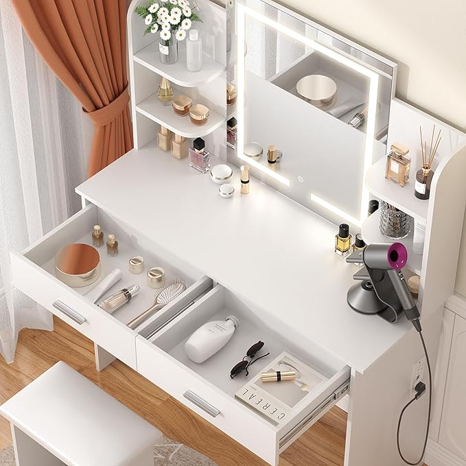 SMOOL Vanity with Lighted Mirror, Makeup Desk with Power Outlet, 3 Color Light Options, Adjustable Brightness, Vanity Table with 6 Storage Shelves, 2 Large Drawers and Cushioned Stool, White