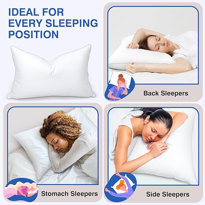 Goose Feather Pillow Queen Size Pack of 2 - Down Hotel Bed Pillows for Sleeping, Soft 600 Thread Count Cotton Cover, Fluffy Support Surround Fill Polyester for Back, Stomach, Side Sleepers