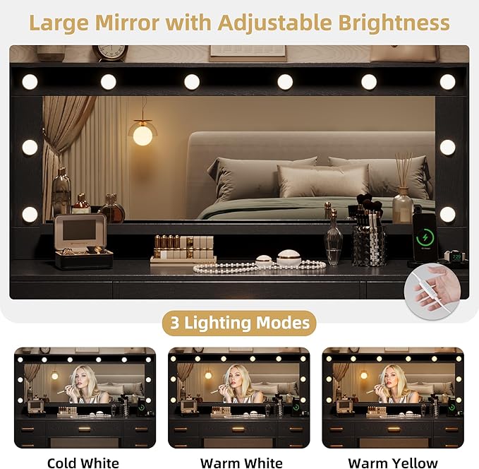 44.8" Large Vanity Desk with Lighted Mirror & Power Outlet, Black Makeup Vanity Desk with Mirror and Lights, Black Vanity Table with 5 Drawers and 2 Cabinets, Dressing Table for Bedroom