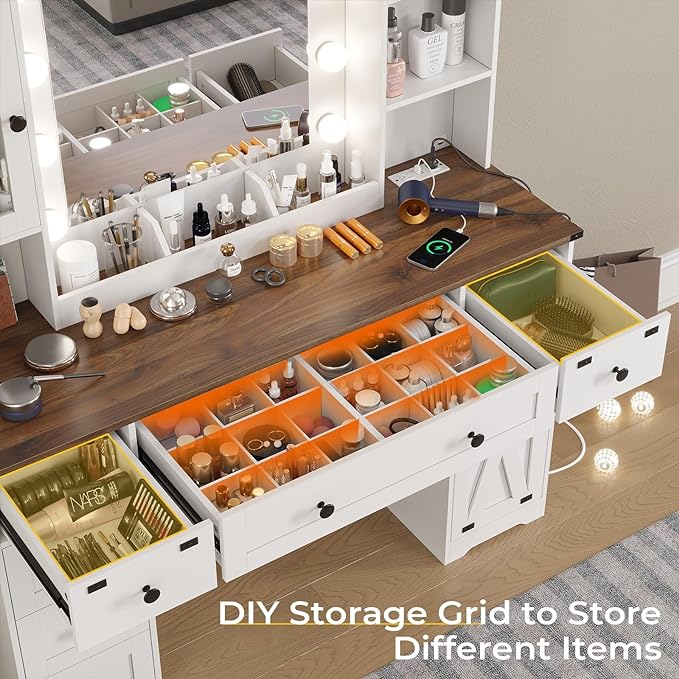 DICTAC Farmhouse Makeup Vanity Desk with Mirror and Lights, Large Vanity Table with Charging Station, 43'' Bedroom Dressing Table with 6 Drawers & 2 Cabinets, 3 Color Lighting Modes, White