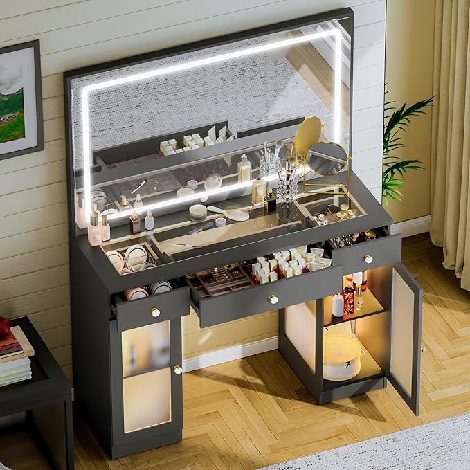 Pamapic Makeup Vanity with Lighted Mirror, Glass Top Vanity Desk with Power Outlet, 3-Drawer Black Vanity Table with 3 Color Modes Adjustment, Makeup Desk
