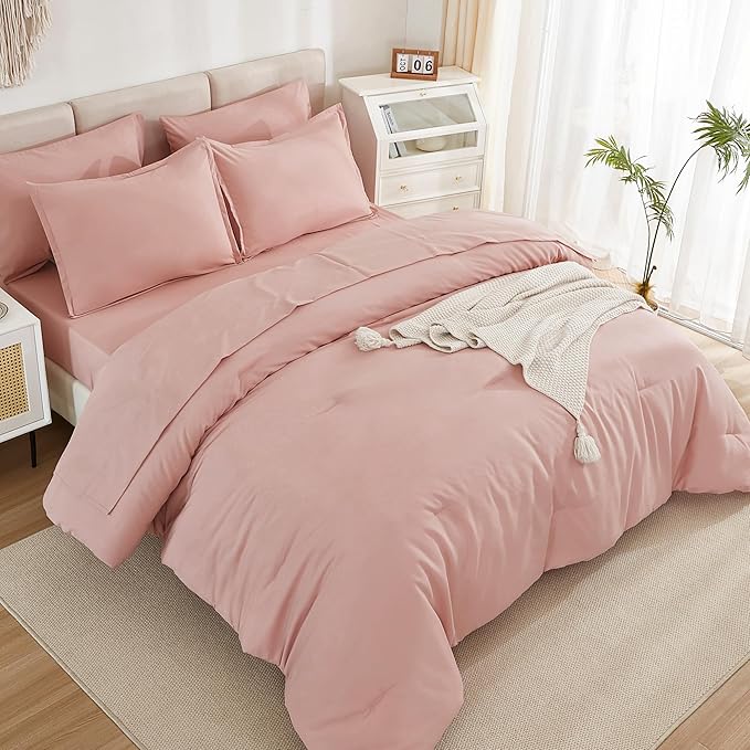 Litanika Comforter California King Size Set Blush Pink - 7 Pieces Bed in a Bag California King Bedding Comforter Sets, Plain Lightweight Bed Set with Comforter, Sheets, Pillowcases & Shams