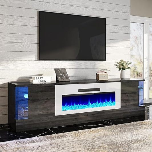 AMERLIFE 70" Glossy Oak Fireplace TV Stand with 36" Fireplace for TVs up to 80", LED Lights Entertainment Center with Flip Doors & Corner Glass, Modern TV Console Table, Living Room, Black&White