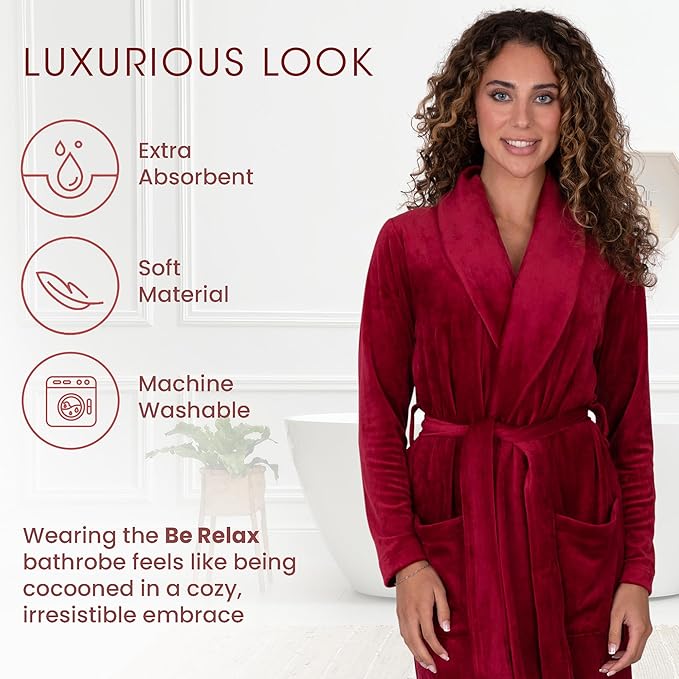 Be Relax Terry Velour Robe - Made of Polyester, Shawl Collar Robe with Belt & Side Pockets, Soft & Warm Bathrobe for Women
