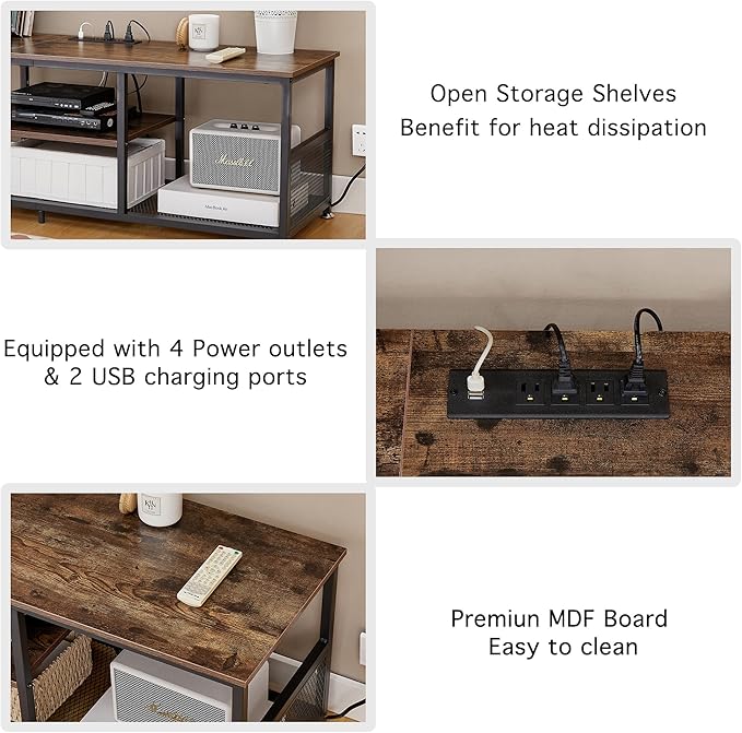 VECELO TV Stand with Power Outlets for Televisions up to 75Inch, 62" Media Entertainment Center with Charging Station 3-Tier Open Storage Shelves with Metal Frame for Living Room/Bedroom，Brown