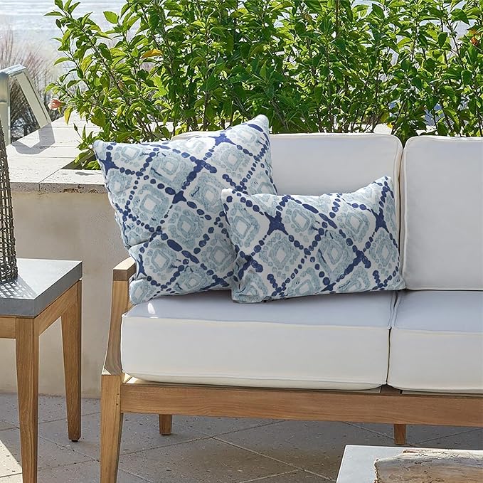 Outdoor Lumbar Pillows 12x20 inch, Rectangle Throw Pillows with Inserts, Decorative Lumbar Cushions for Patio Furniture Garden Couch Home Sofa Office Chair, Pack of 2, Boho Geometry Blue