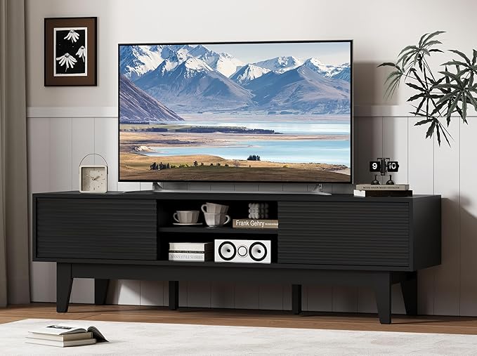 Fluted TV Stand for 55 65 Inch TV, Mid Century Modern Entertainment Center with Shelves, Cabinets & Sliding Doors, TV Media Console Table with Wood Feet & Cord Holes for Living Room, Bedroom, Black
