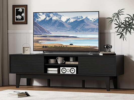 Fluted TV Stand for 55 65 Inch TV, Mid Century Modern Entertainment Center with Shelves, Cabinets & Sliding Doors, TV Media Console Table with Wood Feet & Cord Holes for Living Room, Bedroom, Black