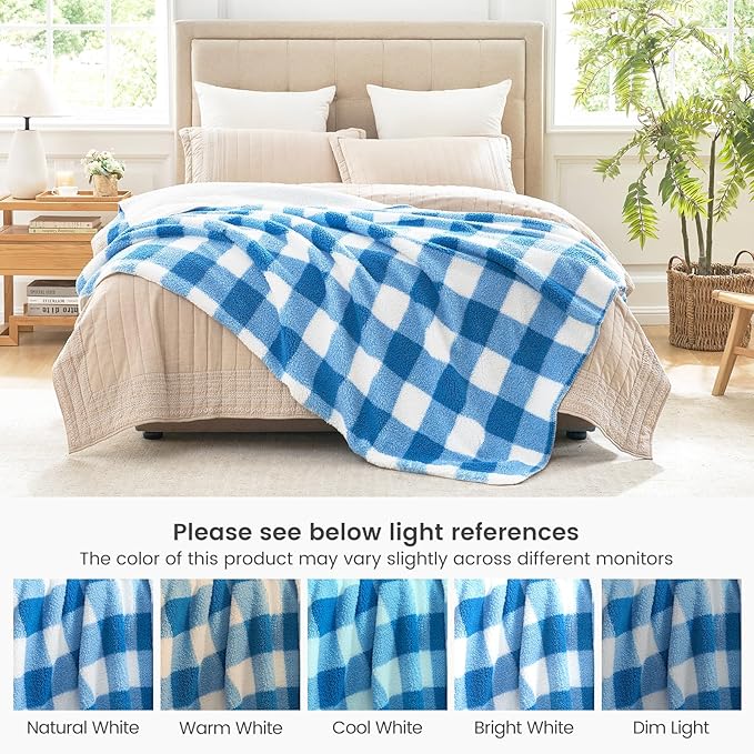 Cozy Bliss Ultra Soft Reversible Double Sherpa Sided Blanket, Buffalo Plaid Throw Blanket Fluffy Thick Warm Plush Fuzzy Blanket for Couch, Bed and Gifts (Light Blue, 50" x 60")