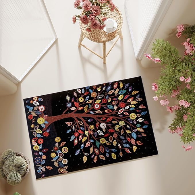 Door Mat Indoor Entrance 2x3 Rug Floral Tree Machine Washable Small Area Rug Bohemian Non-Slip Low Pile Throw Rugs for Entryway, Kitchen, Front Door Indoor Entrance, Entry, Kids Room, Black