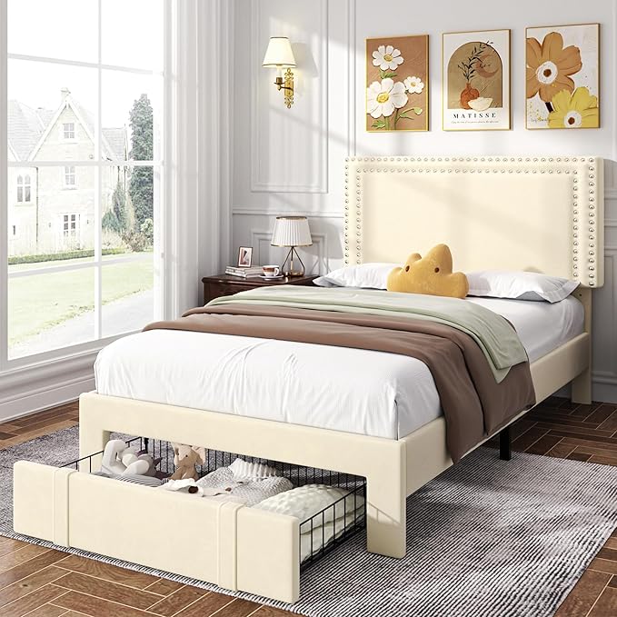 VECELO Twin Size Platform Bed Frame with Storage Drawer, Adjustable Velvet Rivet Decor Headboard, Wooden Slats Support, No Box Spring Needed, Easy Assembly