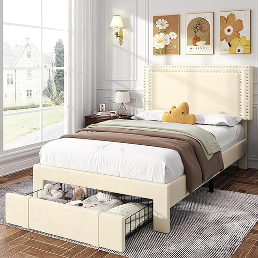 VECELO Twin Size Platform Bed Frame with Storage Drawer, Adjustable Velvet Rivet Decor Headboard, Wooden Slats Support, No Box Spring Needed, Easy Assembly