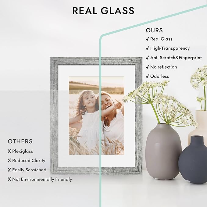 8x8 Picture Frame with Glass, Display Pictures 6x6 with Mat or 8 x 8 without Mat - Wall and Tabletop, 8 by 8 Photo Wooden Frames (Grey, 1 Pack)